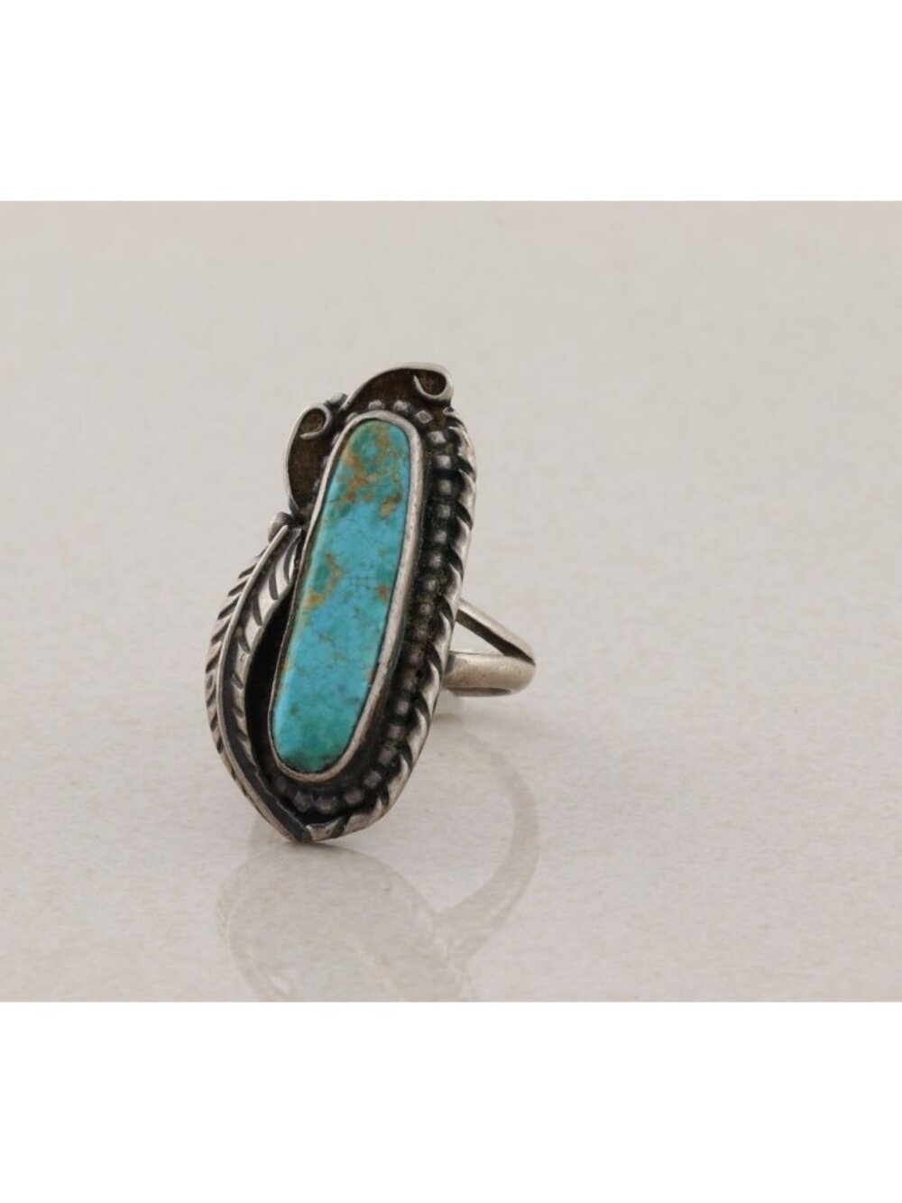 Sterling Silver Natural Oval Turquoise Ring Leaf Design Size 6 1/2 - Picture 4 of 6